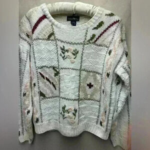Vintage 1980’s Hunters Run Women’s Small Ivory Floral Design Chunky Sweater
